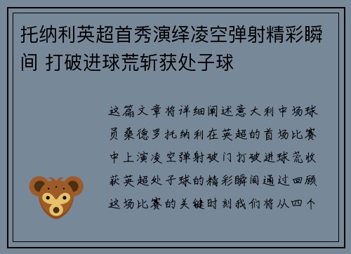 托纳利英超首秀演绎凌空弹射精彩瞬间 打破进球荒斩获处子球 托纳利英超首秀演绎凌空弹射精彩瞬间 打破进球荒斩获处子球